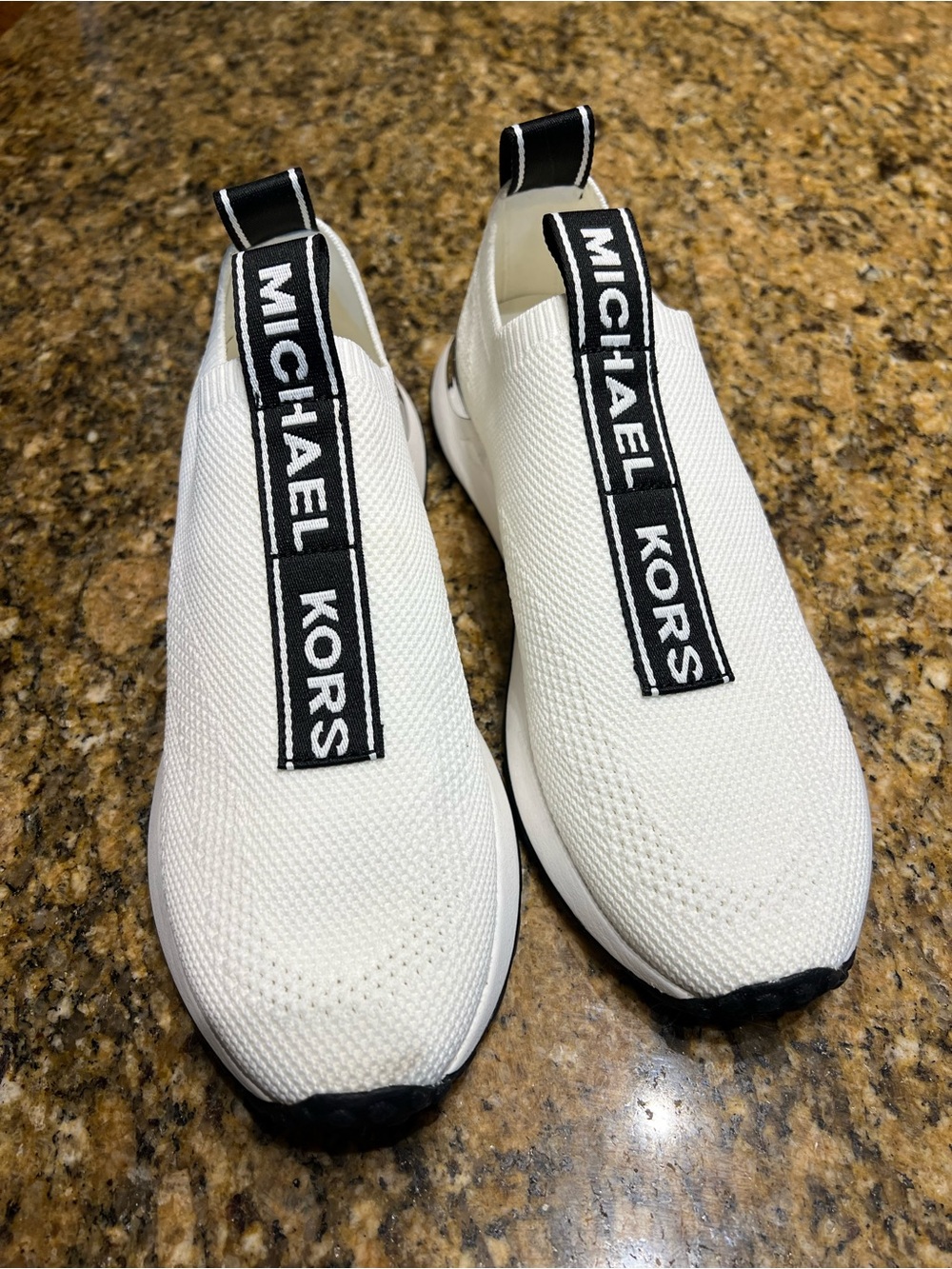 Michael Kors White Slip-On Knit Sneakers with Black Branding